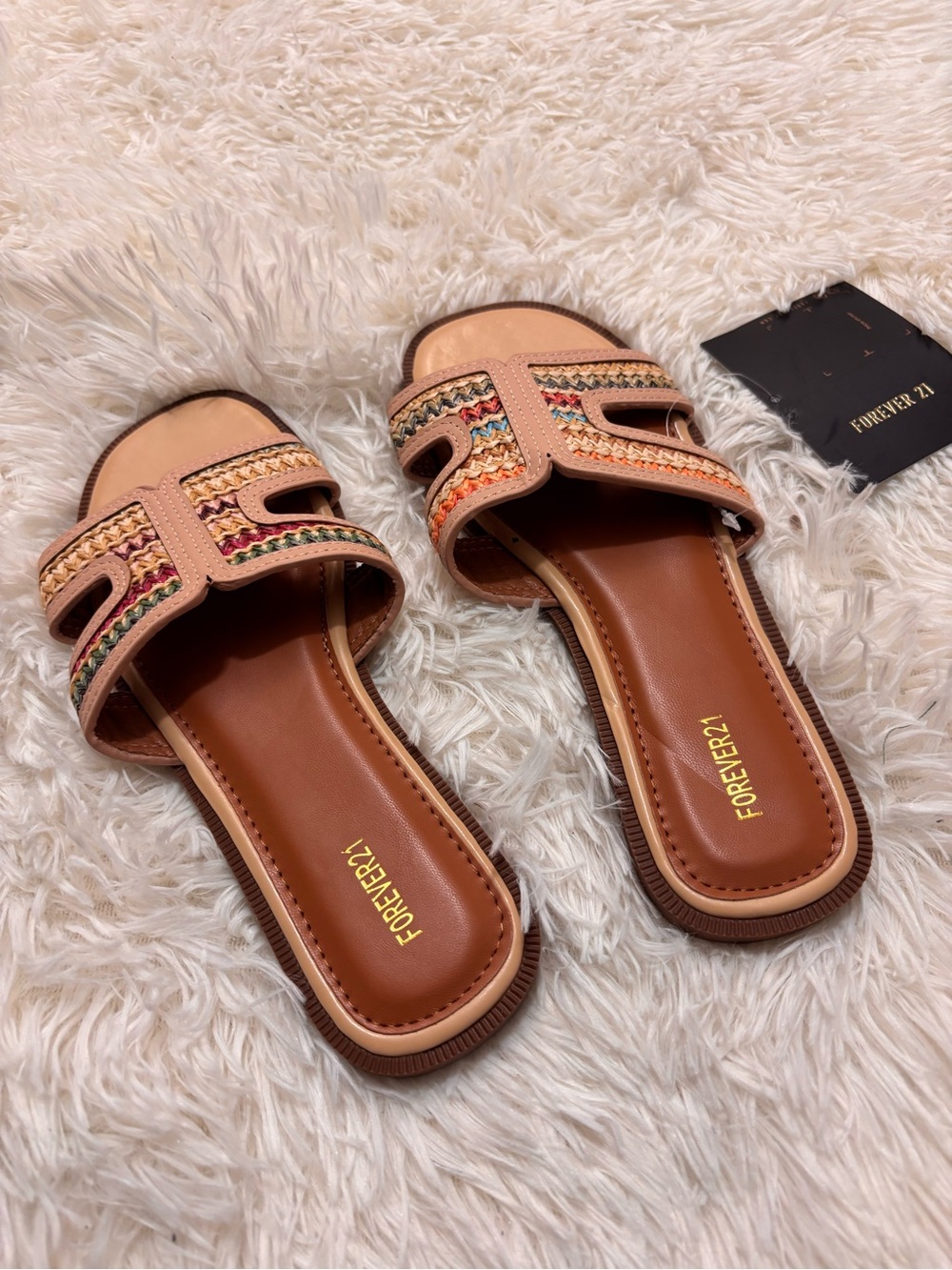 Forever 21 Tan Woven Accent Slide Sandals